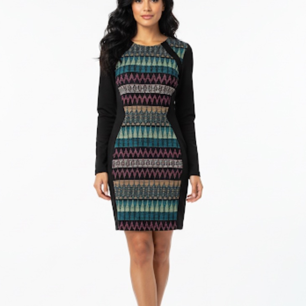 H&M Divided Black Geometric Print Bodycon Long Sleeve Sheath Dress Size 6